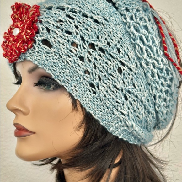 Hand Knits 2 Love Cotton Bandana Headband Scarf Lace Flower Beads Designer Sage - Picture 3 of 13